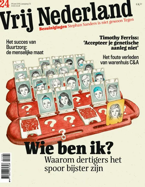 Cover Vrij Nederland: Wie ben ik?, illustratie Valesca van Waveren