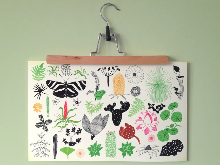 Poster met planten en vlinders aan een hanger, illustratie Valesca van Waveren