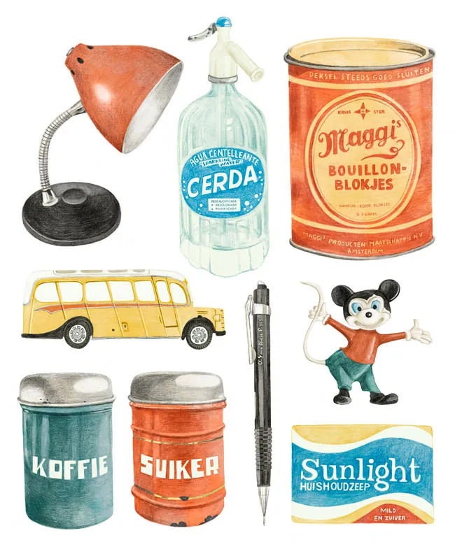 Illustratie van retro spullen zoals een Maggi-blik en een bureaulamp, door Valesca van Waveren