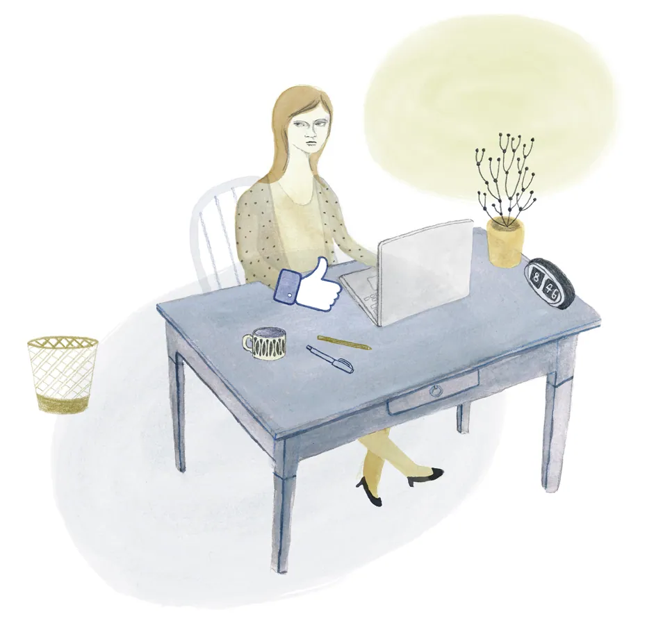 Illustratie van een vrouw aan haar bureau met laptop, door Valesca van Waveren