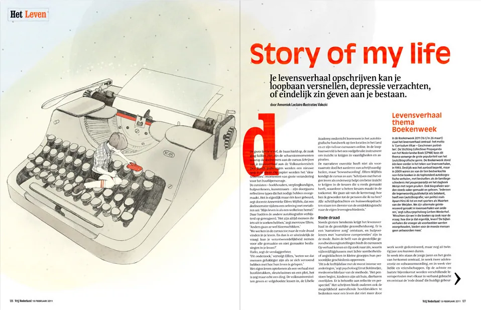 Tijdschriftpagina Story of my life met typemachine, illustratie Valesca van Waveren